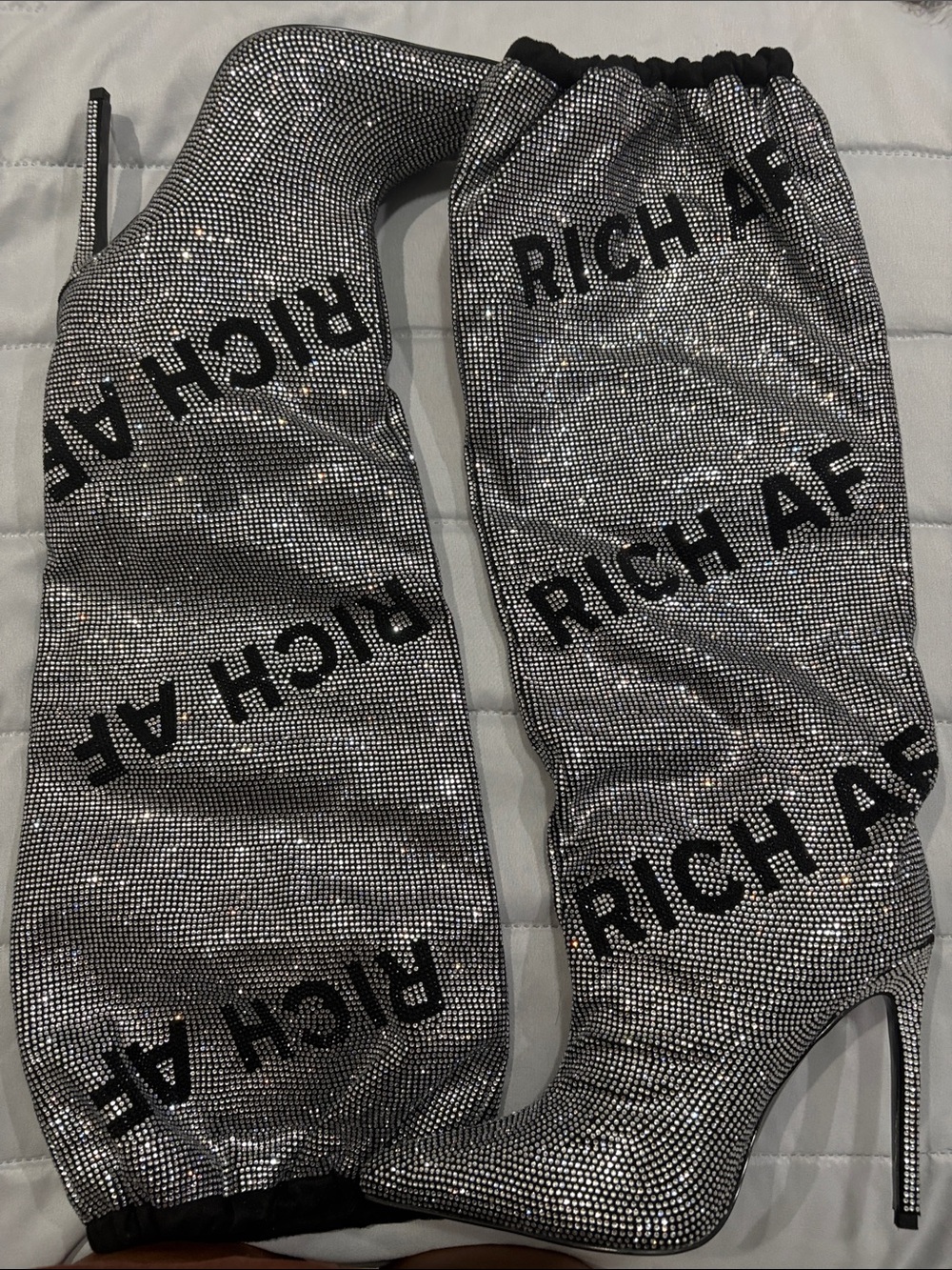 Azalea Wang Silver Crystal-Embellished Pointed Stiletto Knee High Boots